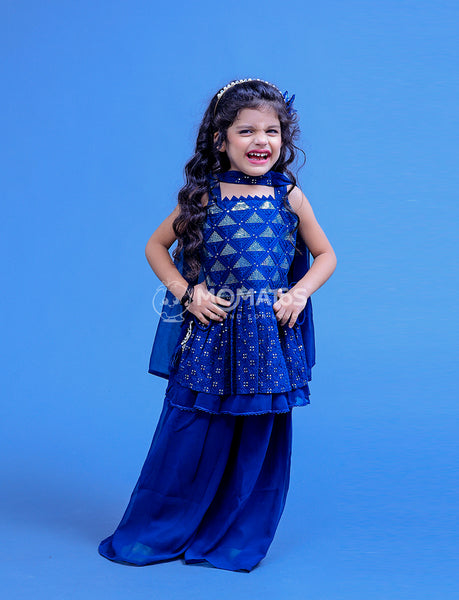 Navy Blue Color Plazo Set For Girl - Hover Image