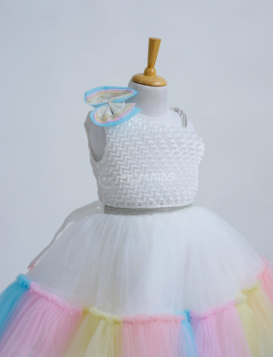 Elegant White Frock with Wave Pattern for Girls