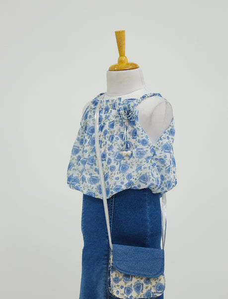 Stylish Blue Floral Top with Denim Skirt - Hover Image