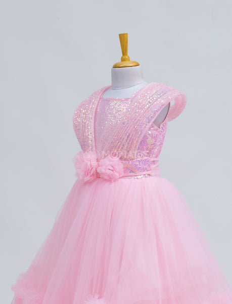 Glittering Pink Gown with Floral Hip Belt - Hover Image