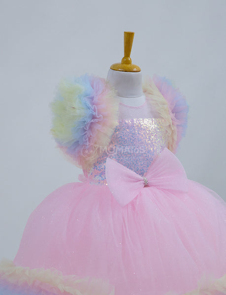 An Elegant Pink Frock With Rainbow Ruffles for Girls - Hover Image