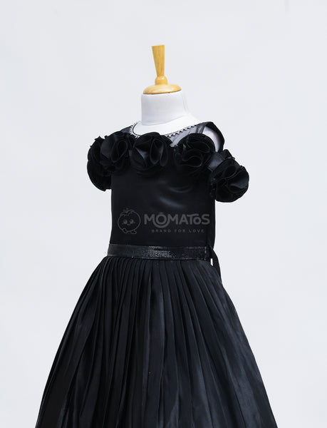 Chic Black Gown with Floral Design - Hover Image