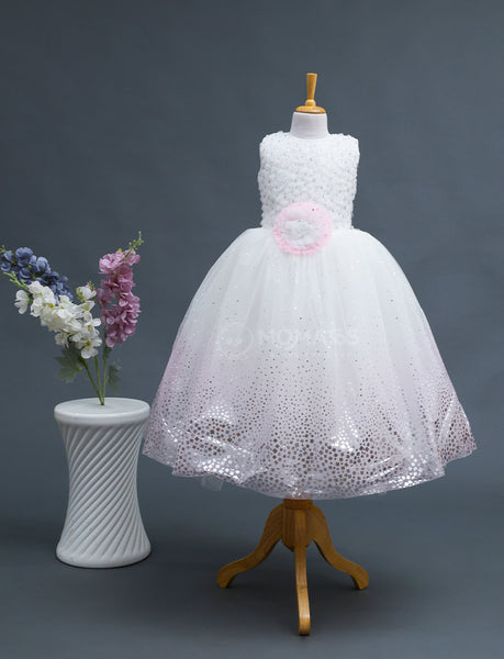 Elegant White Sequin Ball Gown with Pink Floral Accent for Girls