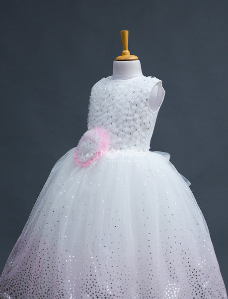 Elegant White Sequin Ball Gown with Pink Floral Accent for Girls - Hover Image